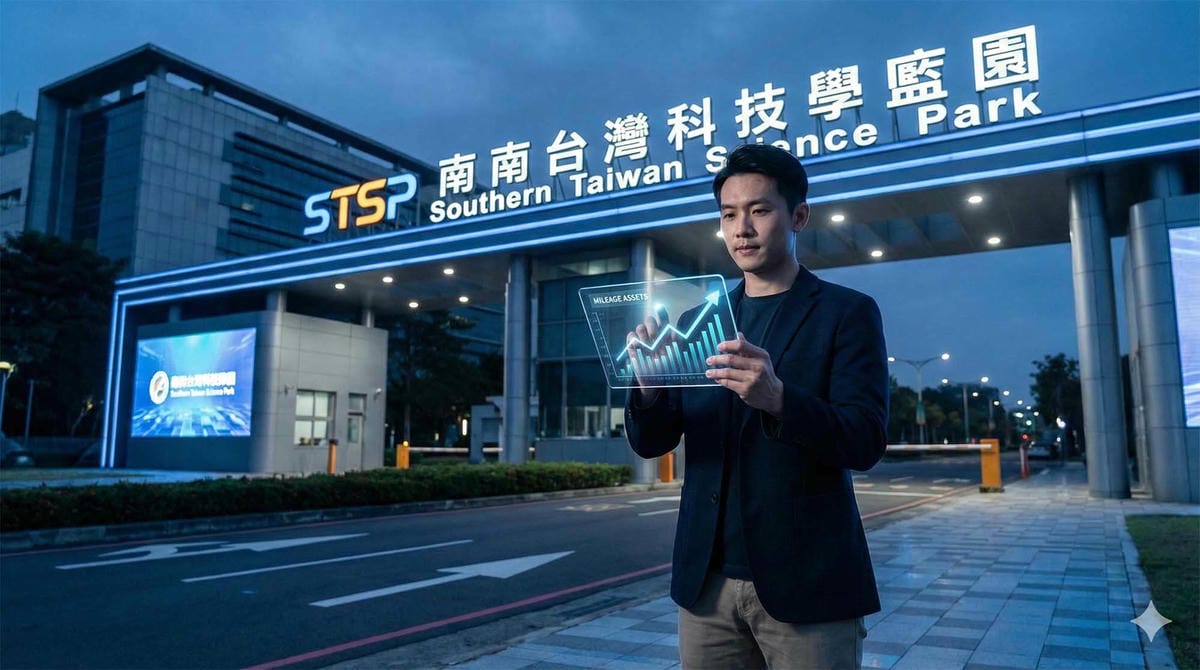 一位工程師站在南科地標前，手持平板顯示哩程價值走勢圖，背景充滿科技感，象徵高效資產管理 / An engineer standing in front of Tainan Science Park landmark, holding a tablet showing mileage value chart, background full of tech vibe, symbolizing efficient asset management.